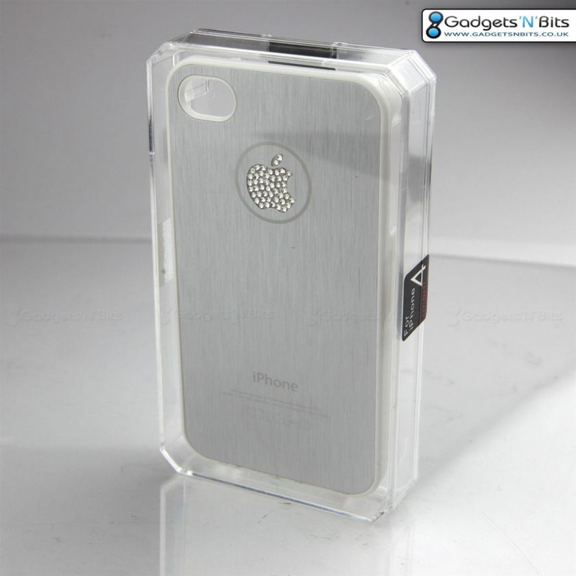 SILVER METAL Apple iPhone 4S 4 Case Cover with BLING Apple Logo  