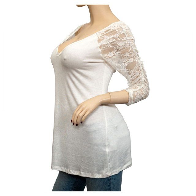 Plus Size Sexy Lace Accented White Tunic Top  