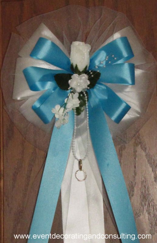 WHITE ROSE TURQUOISE Satin Ribbon Bows for Weddings  