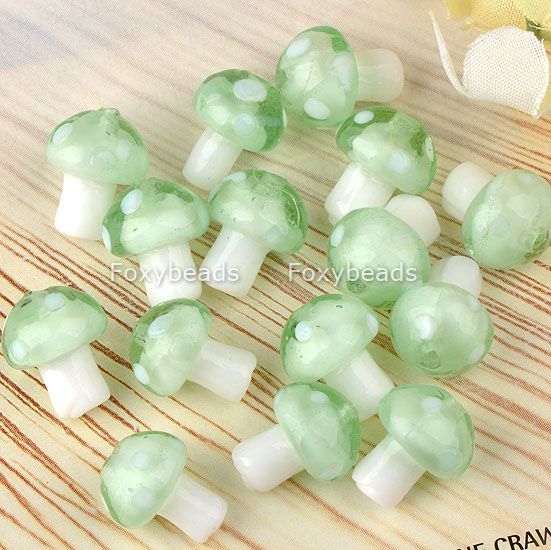 20PCS 10X13MM GREEN HANDMADE MUSHROOM LAMPWORK GLASS SPACER LOOSE 