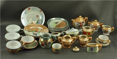   HUGE LOT Orange & Green Lustreware China Childrens Toy Dishes  