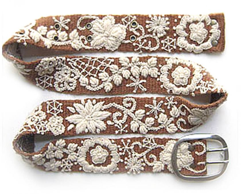   Krauss Wool Embroidered Tapestry Two Tone Belt Tan Cream S M L  