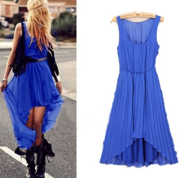 New Womens Asymmetric long tail short front chiffon waist pleated 