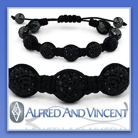 Disco Ball Faux Onyx Cubic Zirconia Crystal Pave Bead Macrame Bracelet 