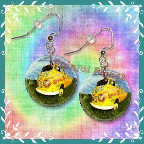 VW HIPPIE BUS** 1 Button Dangle Earrings **FREE PIN*  