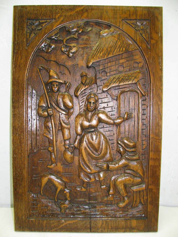 Old Antique Fine Hand Relief Carved Oak Wood Art Panel  