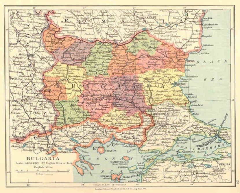 Balkans BULGARIA. Old Vintage Map.Stanford.1920  