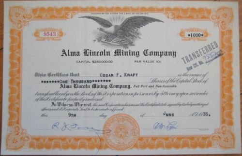 1935 Stock Certificate Alma Lincoln Mining Co Colorado  