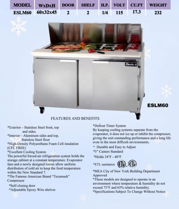 New LEADER 2 Door Refrigerated Sandwich,Salad Prep Table 60  