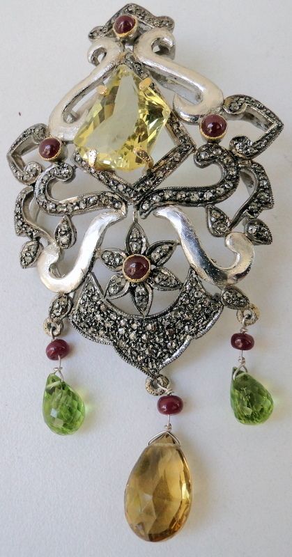 Victorian diamond pendant silver with gem stones  