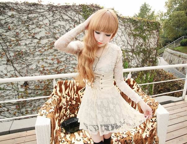 FASHION CREW NECK SLIM FIT LONG SLEEVE LACE DRESS 2120  