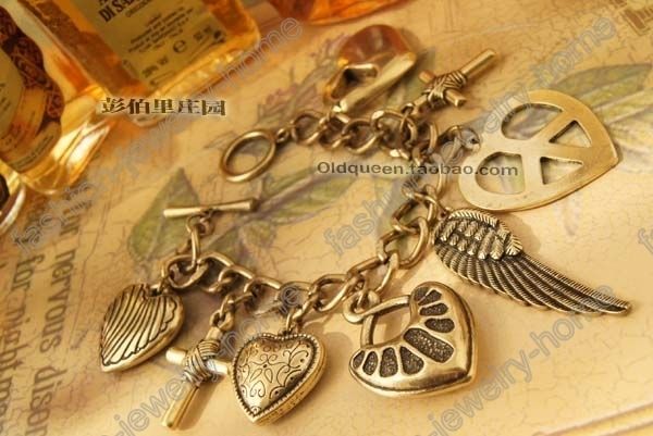 Retro Bronze Heart Cross Wing Charming Charm Bracelet  