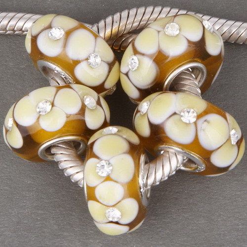 Flower Handmade Glass Bead W/ CZ Fit Bracelet F1396  