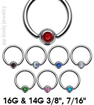 PAIR 16g,14G~3/8,7/16 C.Z. Gem Captive Bead Ring Earring (Specify 