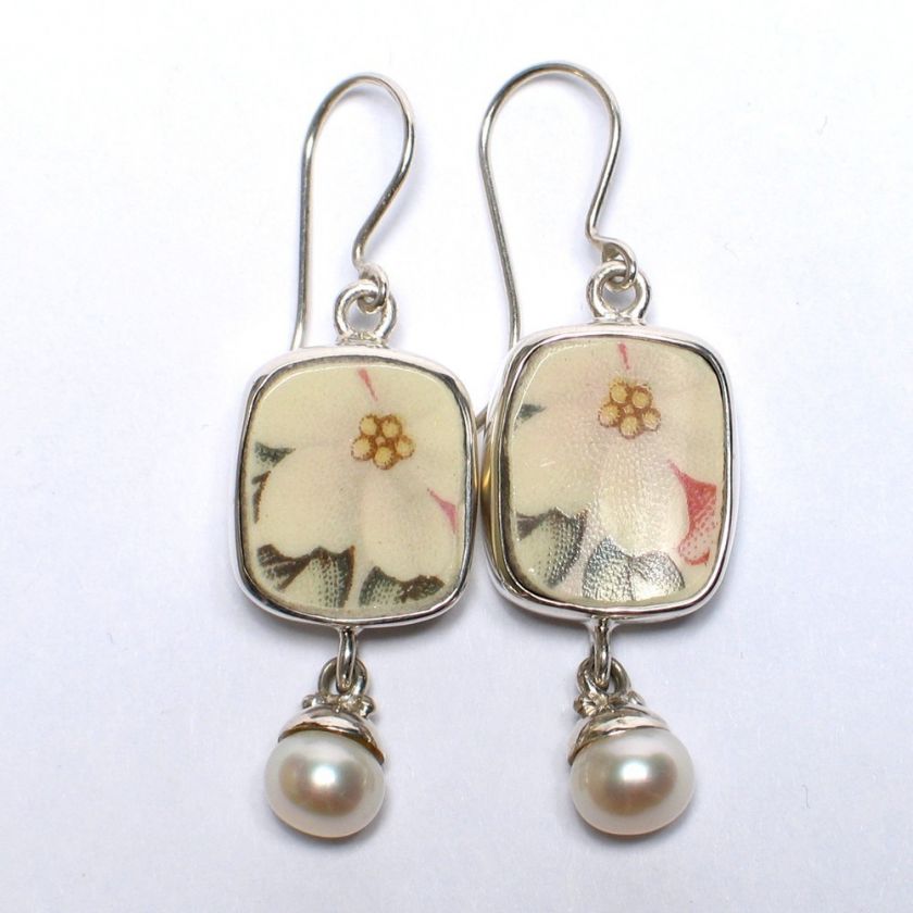 Broken China Jewelry Vintage Cherry Blossom Earrings  