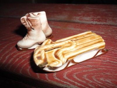 Vintage Arcadia Miniature Sled & Ice Skates Salt Pepper Shakers Set 