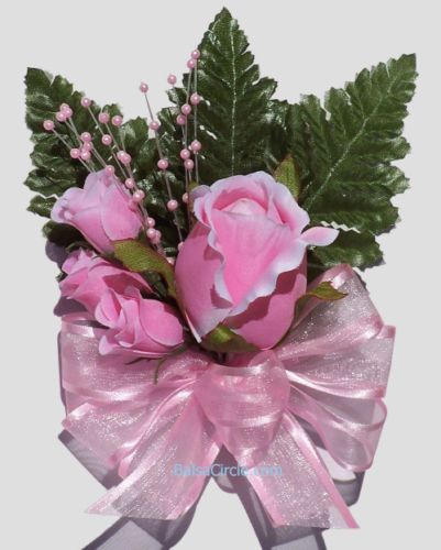 PINK ROSES WITH BOW WEDDING PROM PIN ON CORSAGE FLOWERS  