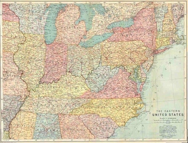 USA EASTERN STATES Large Old Antique Map. 1909  