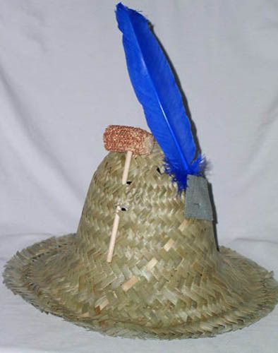 new hillbilly hat farmer straw corncob pipe feather gr/bl costume prop 