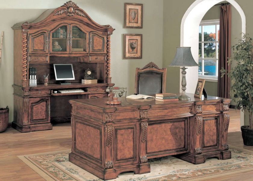   Executive Desk Credenza Hutch Wood Leather Chair Office Furniture Set