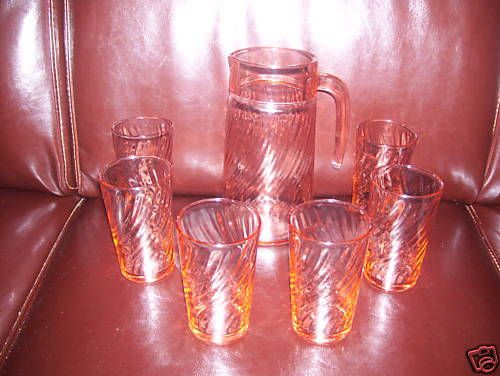 VINTAGE PINK GLASS WATER SET MADE IN FRANCE 7 PIECE  