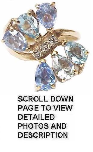 Rare Retro 14K Gold Diamond & Blue Topaz Butterfly Ring  