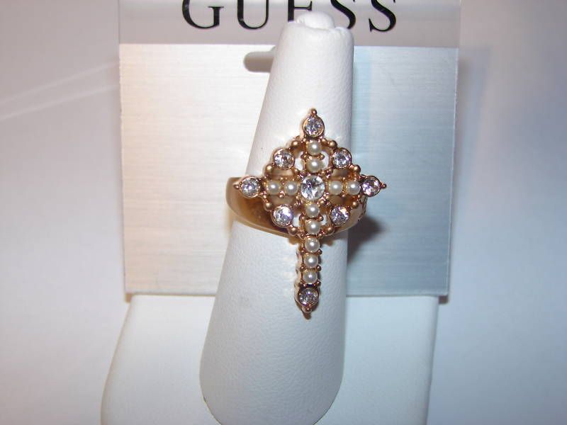 NWT Guess gold pearl & rhinestone cross ring, sz 7  