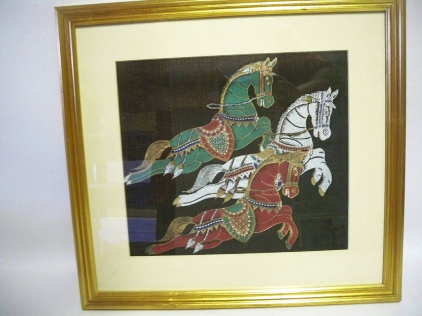 Framed Thai fabric print   Three Oriental Horses  