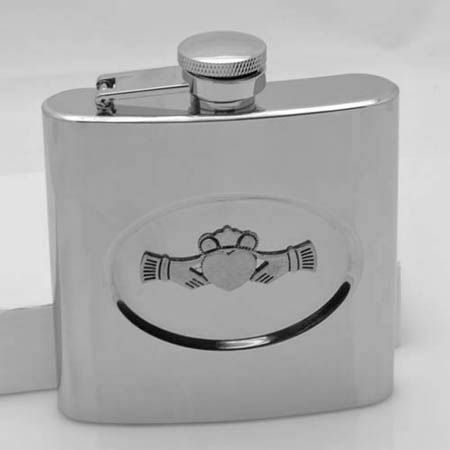   Claddagh on Stainless 6 oz Whiskey Flask MULLINGAR PEWETER Ireland