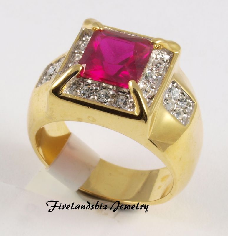 Mens Ring 14K GPE Ruby Color CZ Size 9,10,11,12,13  