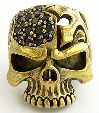 BLACK GEMS CROSS SKULL GOLD BRASS BIKER MENS RING 9.25  