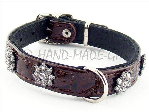 11 Genuine Leather Dog Collar CRYSTAL FLOWERS Studs  