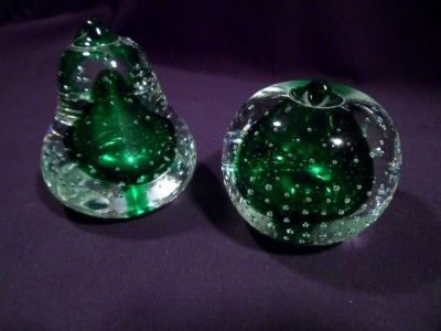 Pair of Vintage Handblown Apple and Pear Art Glass Paperweights  