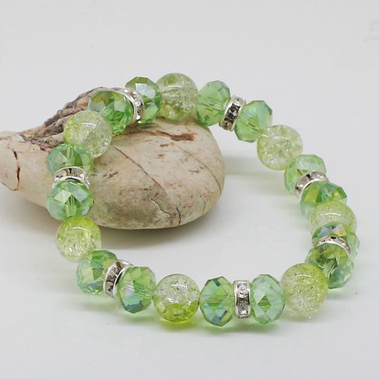 Peridot Crackle Crystal Quartz Glass Wavy Spacer Stretchy Bracelet 