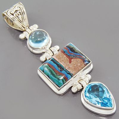 Rare Rainbow Calsilica Blue Topaz Gemstone 925 Sterling Silver Pendant 