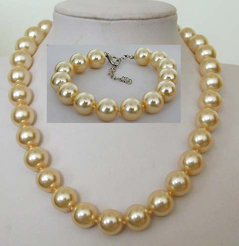 14mm Pale Golden SHELL PEARL NECKLACE BRACELET FREESHIP  