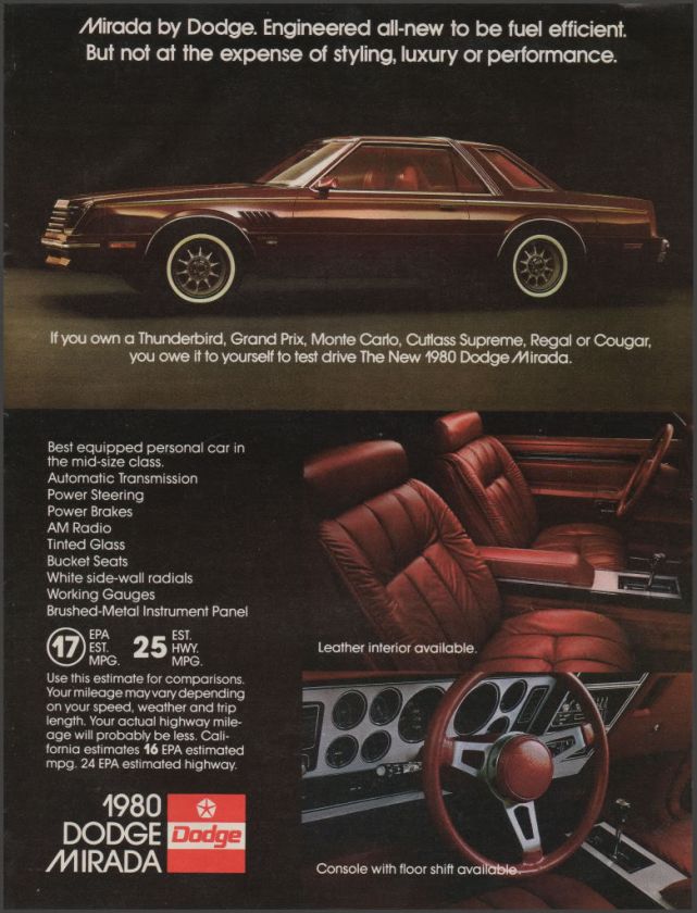 1980 DODGE MIRADA Car Photo Ad w/ Interior & Dash View  