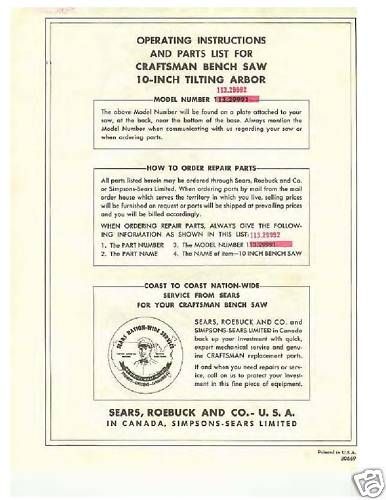  Craftsman Table Saw Manual Model # 113.29992  