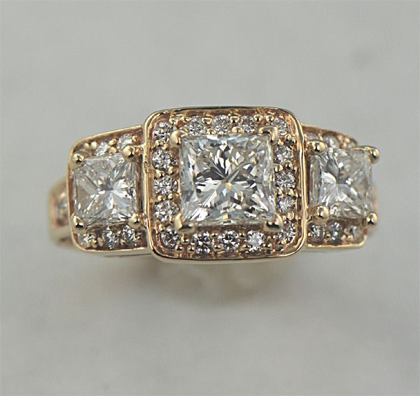 15 carat Princess Diamond Three Stone Halo Engagement Ring in Solid 