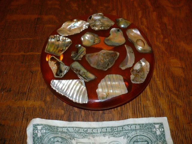 VINTAGE LUCITE ABALONE SHELL HANDMADE TRIVET HOT PAD  